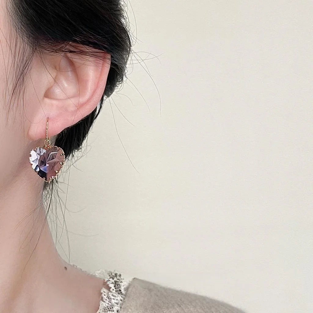 18K Plated Copper Glass Crystal Heart Drop Earrings Vintage Luxury Sparkly Women's Jewelry