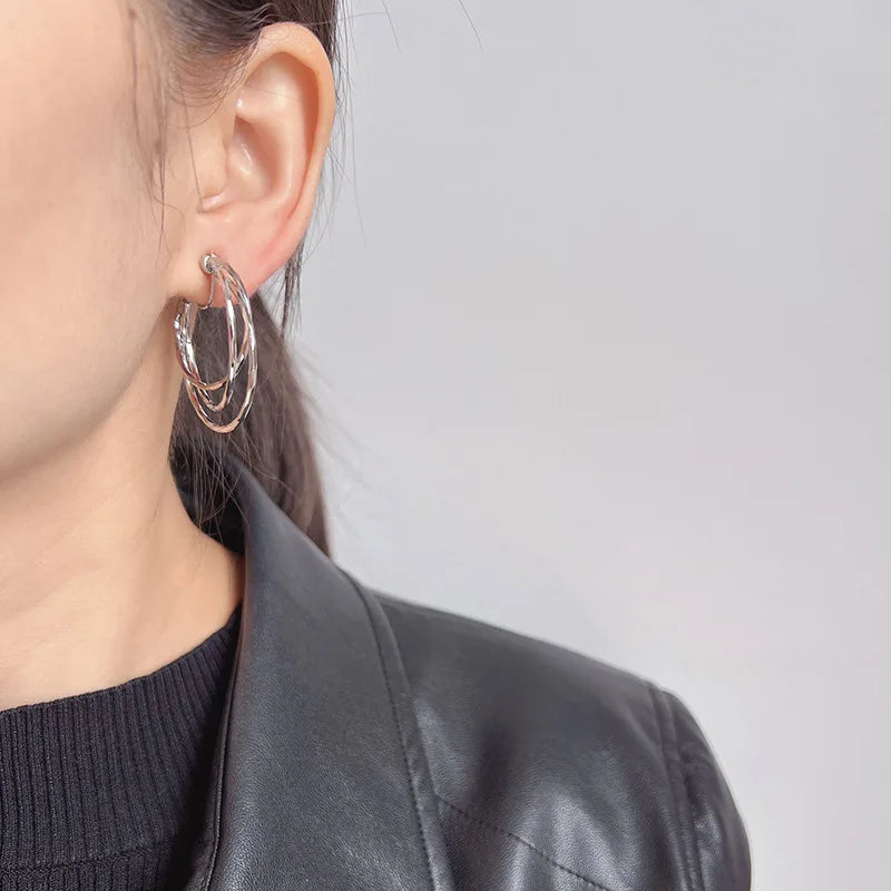 Elegant Silver Alloy Multi Layer Spiral Hoop Stud & Clip On No Piercing Statement Earrings
