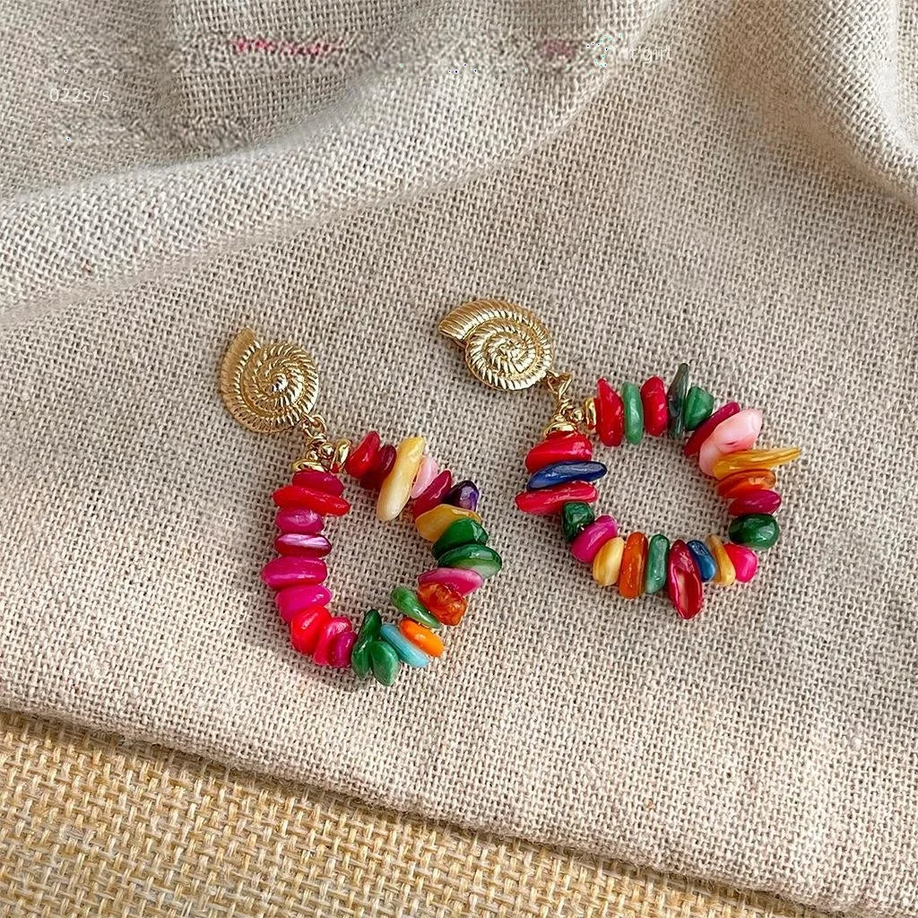 Handmade Colorful Shell 14K Gold Plated Geometric Hoop Drop Earrings Sweet Vacation Style