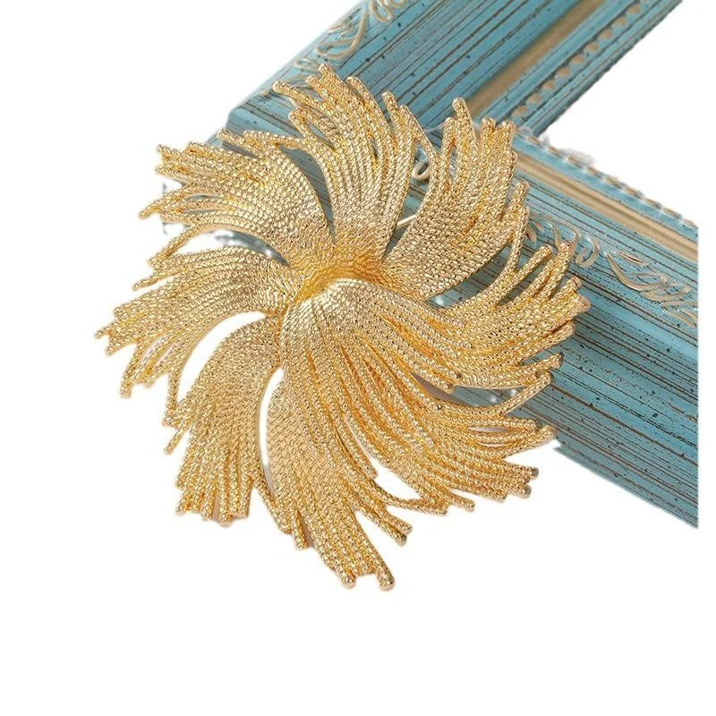 Luxury Gold Alloy Firework Flower Brooch, Textured Spiral Floral Lapel Pin Corsage Suit Accessory Gift