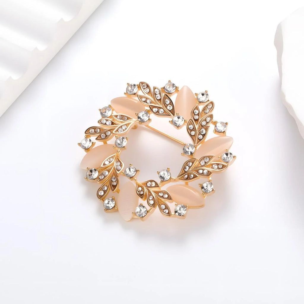 Elegant Rhinestone Leaf Wreath Brooch, Rose Gold Alloy Floral Lapel Pin Corsage Suit Accessory Gift