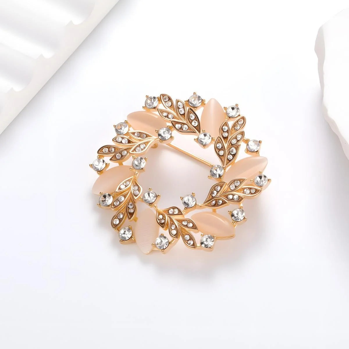 Elegant Rhinestone Leaf Wreath Brooch, Rose Gold Alloy Floral Lapel Pin Corsage Suit Accessory Gift