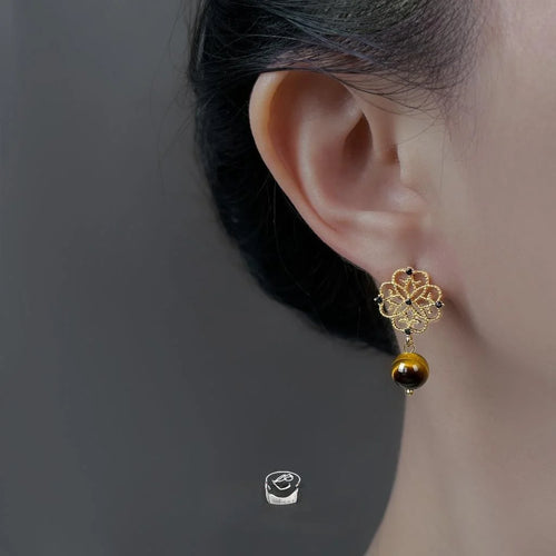 Old Money Copper Tiger Eye Zircon Micro Pave Asymmetric Geometric Drop Earrings