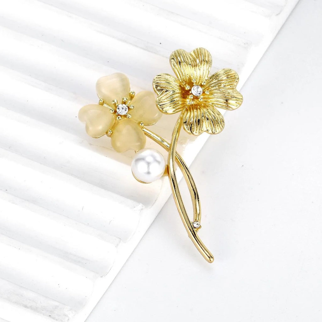 Elegant Double Flower Brooch With Faux Pearl And Rhinestone, Gold Alloy Lapel Pin Corsage Gift
