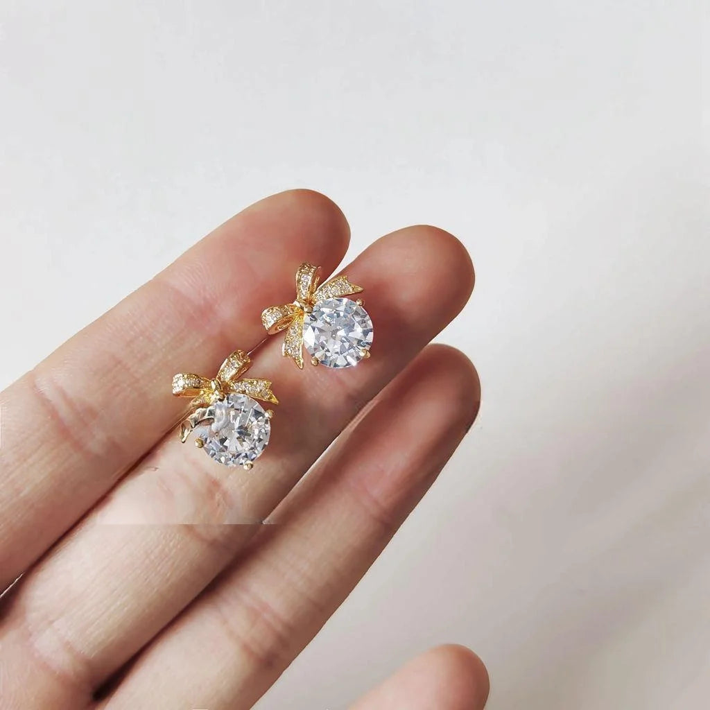 Elegant Bow Zircon Micro Pave Copper Stud Earrings For Women, Light Luxury Commuter Jewelry