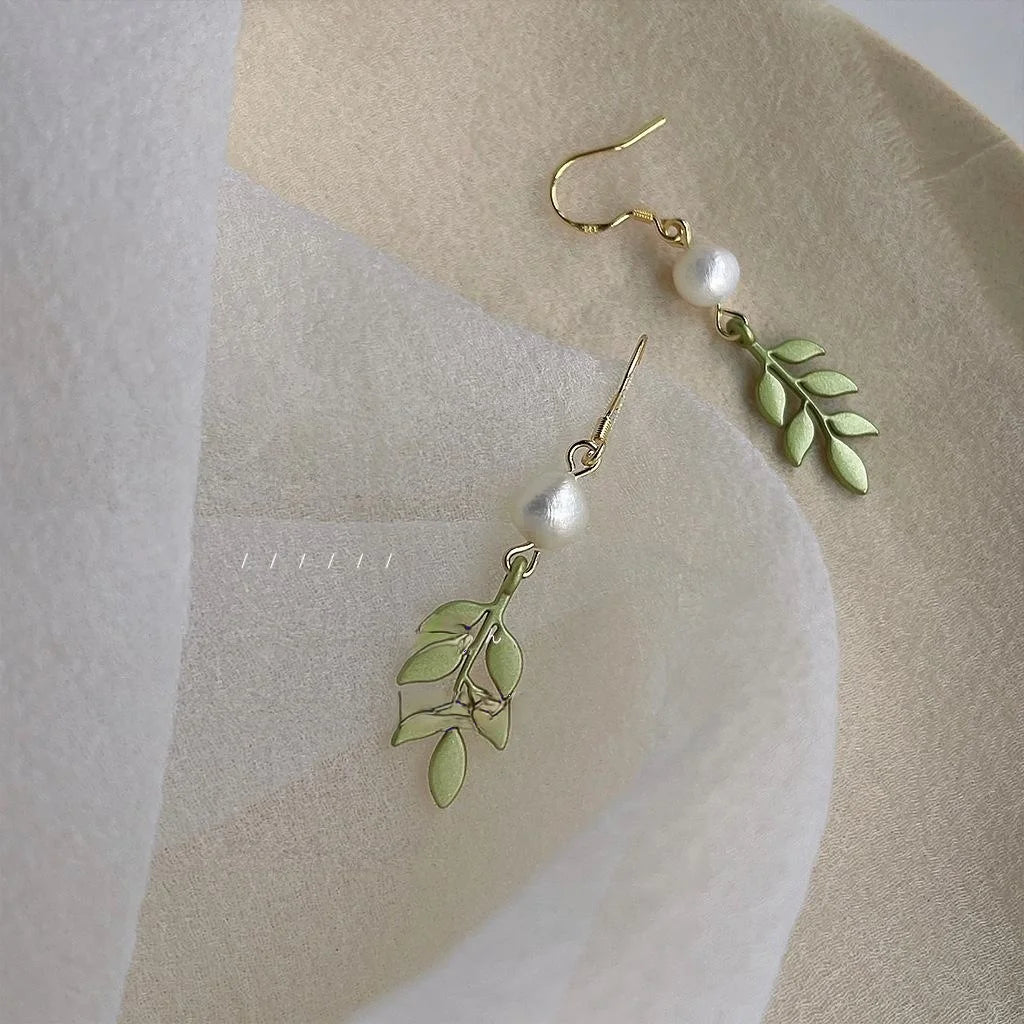 Forest Style Freshwater Pearl Leaf Drop Earrings With Silver Plated Pins, Green Handmade Jewelry