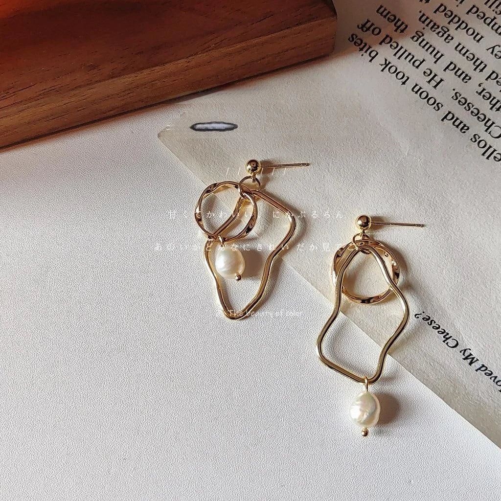Handmade Copper Freshwater Pearl Stud Earrings Irregular Geometric Silver Plated Pin Jewelry