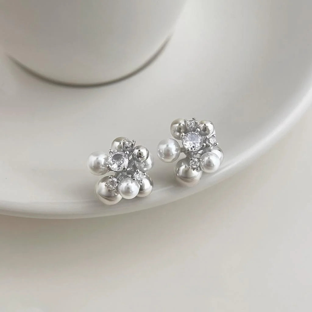 Minimalist Flower Ball Micro Pave Zircon Copper Stud Earrings