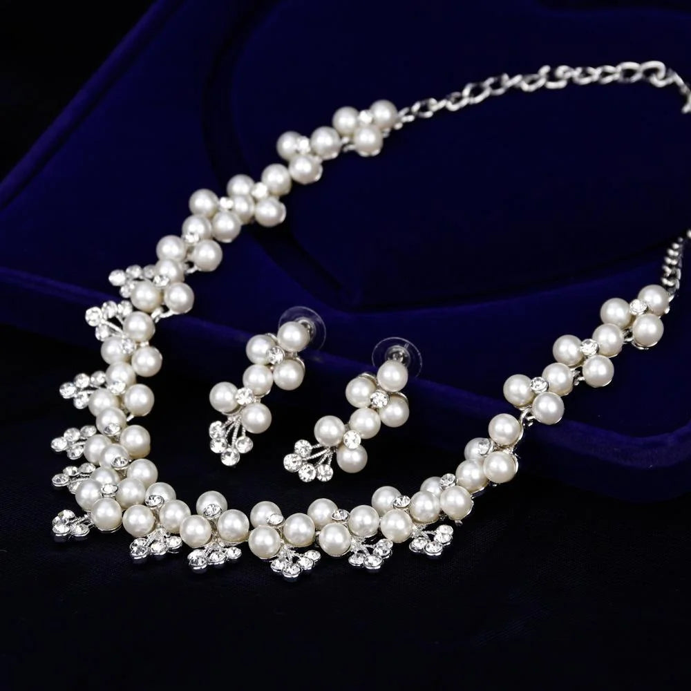 Elegant Pearl Rhinestone Flower Necklace Earrings Jewelry Set For Bridal Wedding Party Gift