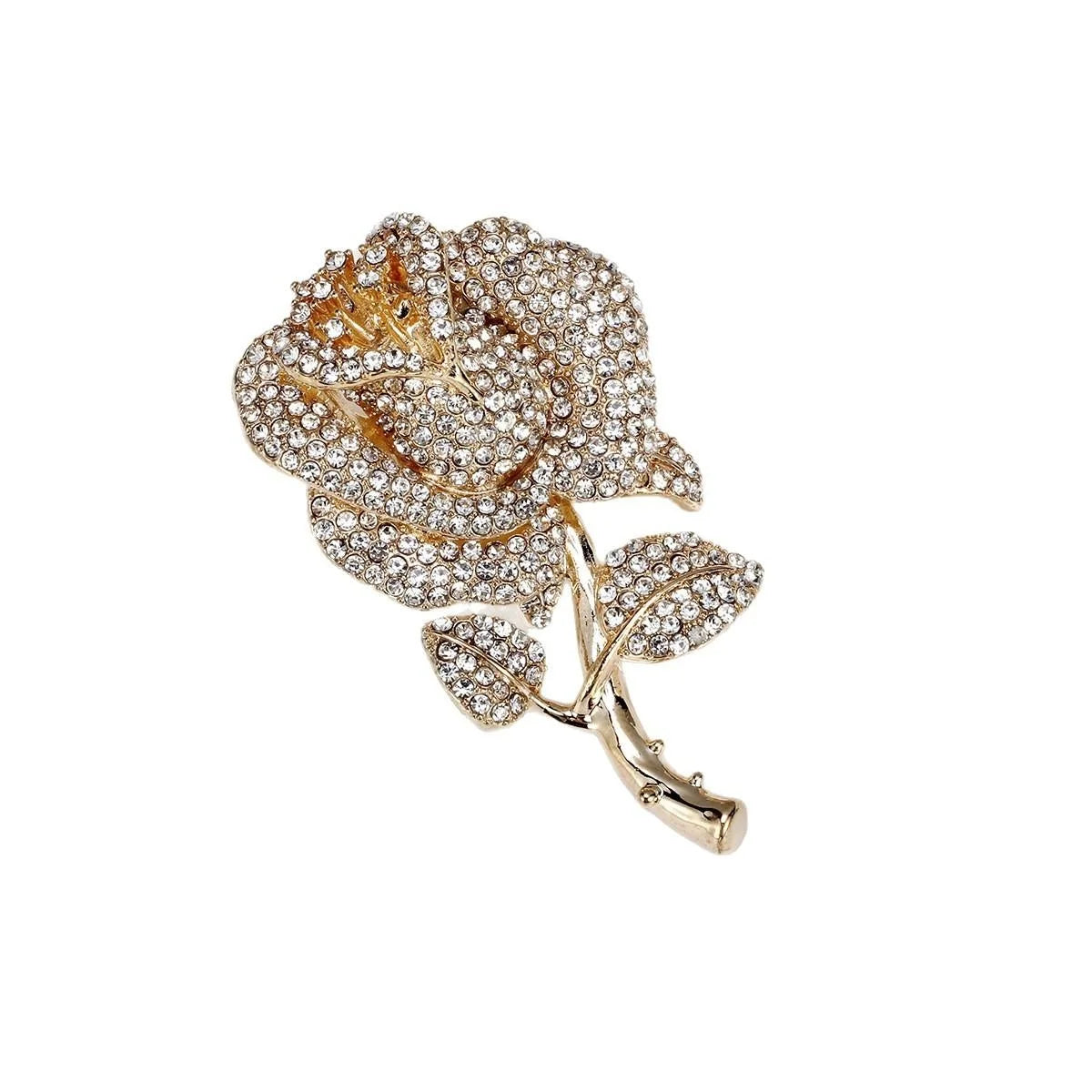 Elegant Rhinestone Rose Flower Brooch Gold Alloy Lapel Pin Corsage For Women's Suit Accessory Gift