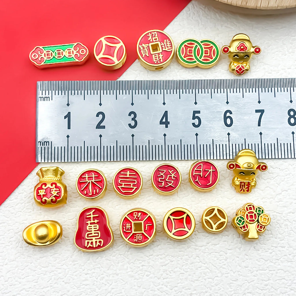 Gold Tone Zinc Alloy Fu Ingot Coin Spacer Beads for DIY Red String Bracelet Necklace
