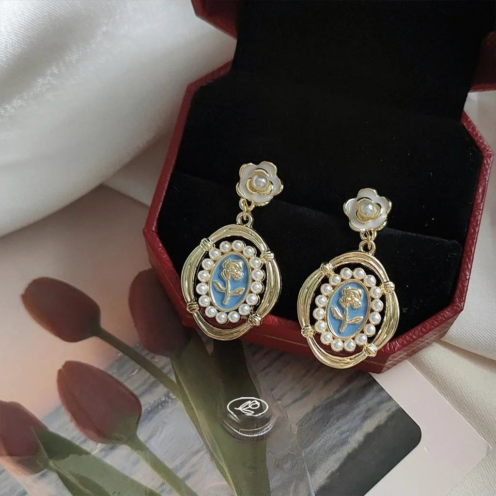 14K Gold Plated Copper Blue Flower Stud Earrings Retro Hong Kong Style Jewelry