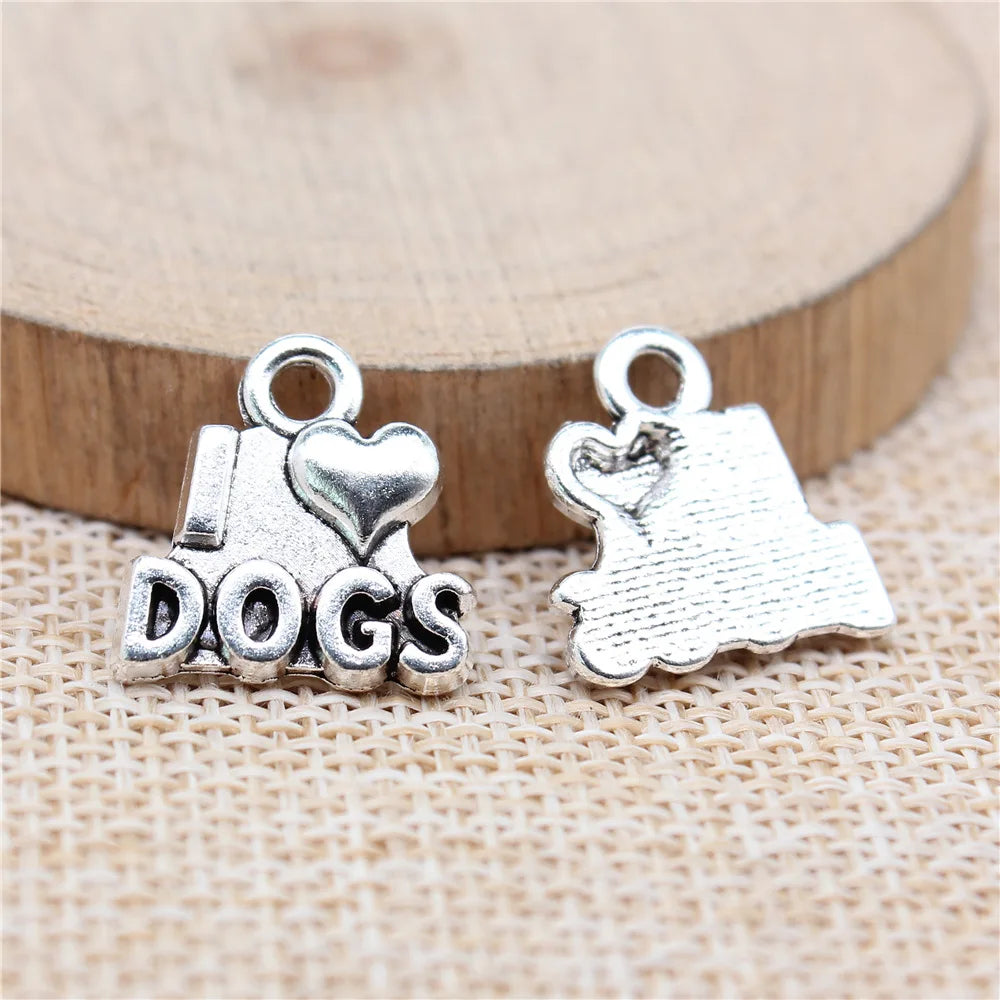 16x16mm 1.7g Zinc Alloy I Love Dog Charm Pendant for DIY Pet Theme Necklace Bracelet Making