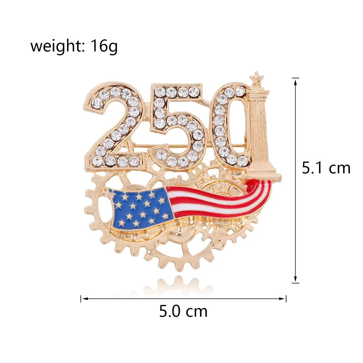 Luxury USA 250th Anniversary Gear Flag Rhinestone Alloy Brooch, Vintage Lapel Pin Suit Accessory Gift