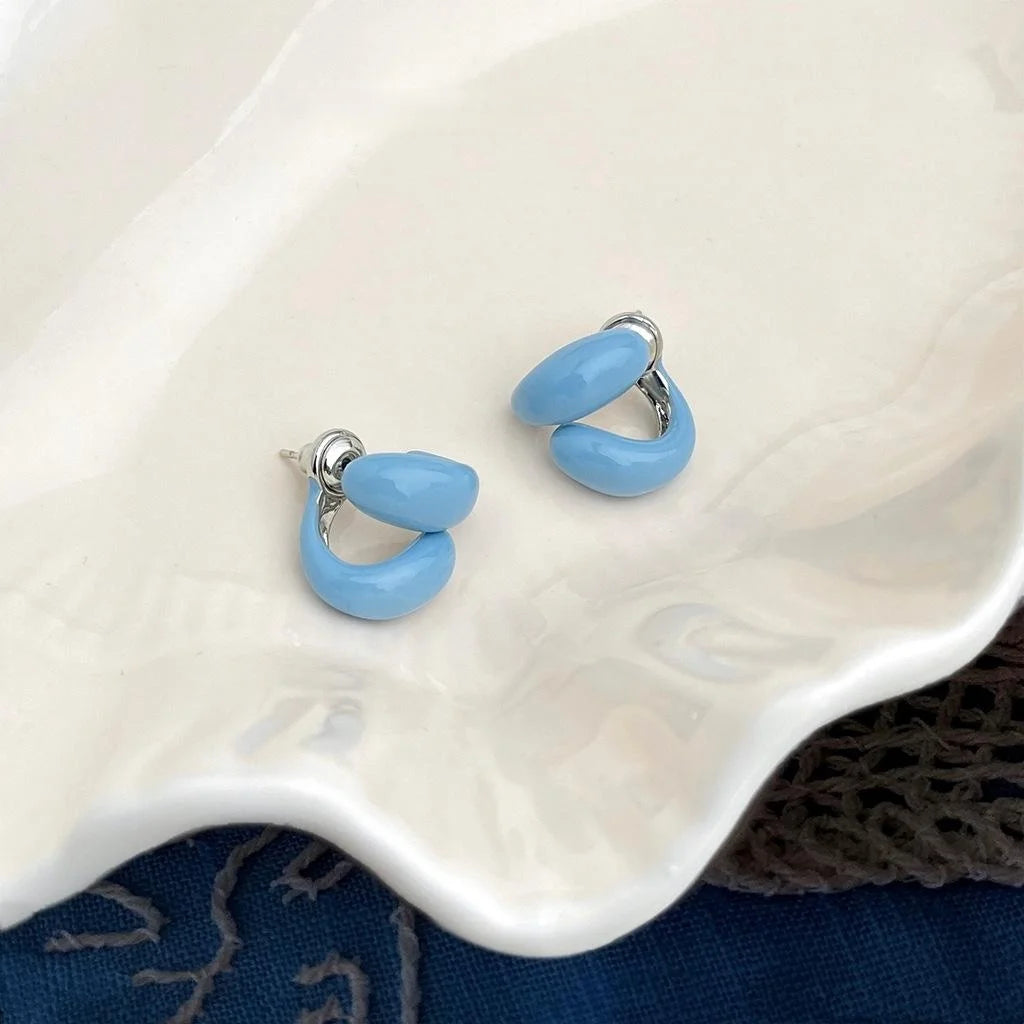 Blue Enamel Line Geometric Stud Earrings, Two-Way Minimalist Copper Ear Jewelry