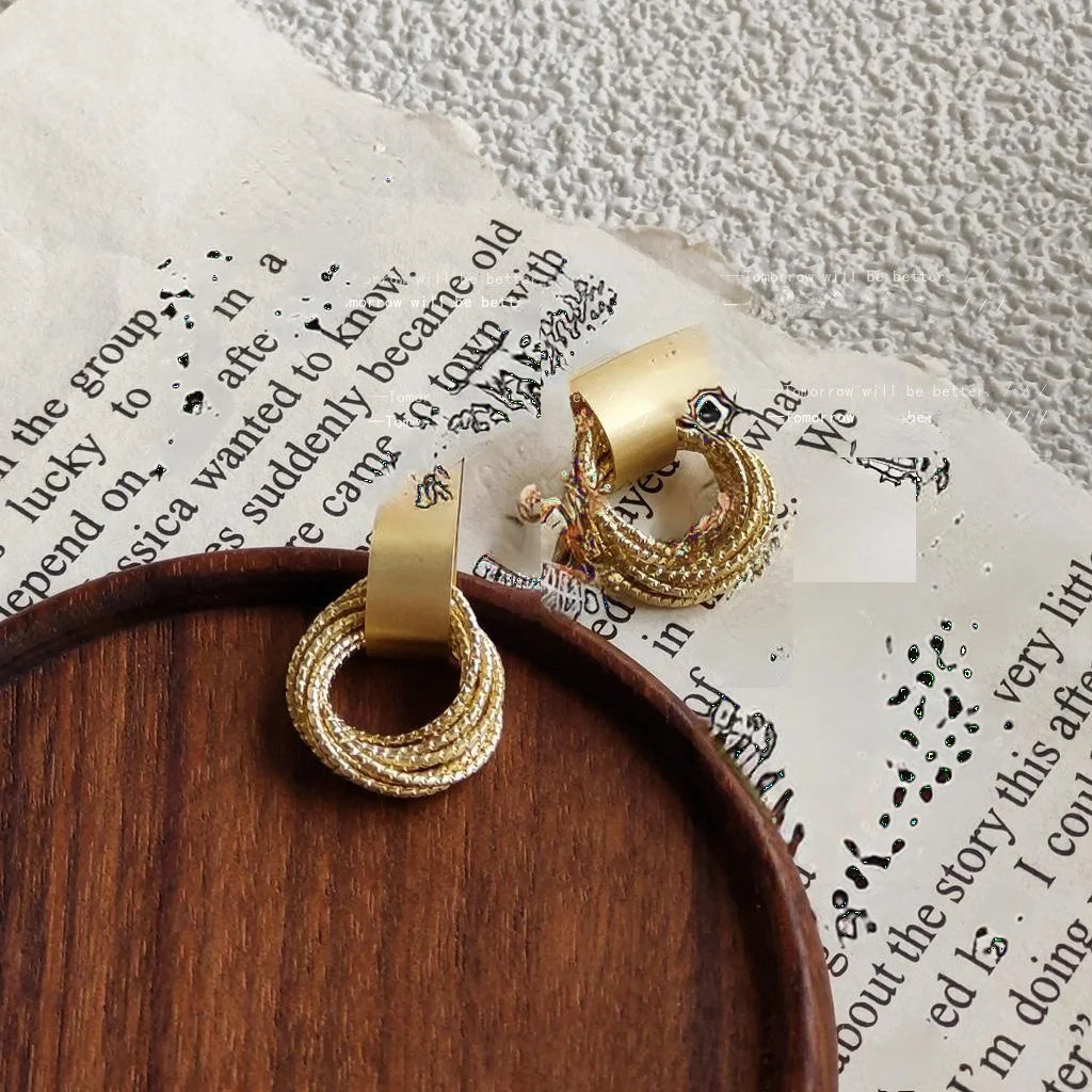 Matte Gold Plated Copper Round Geometric Stud Earrings Korean Minimalist Jewelry