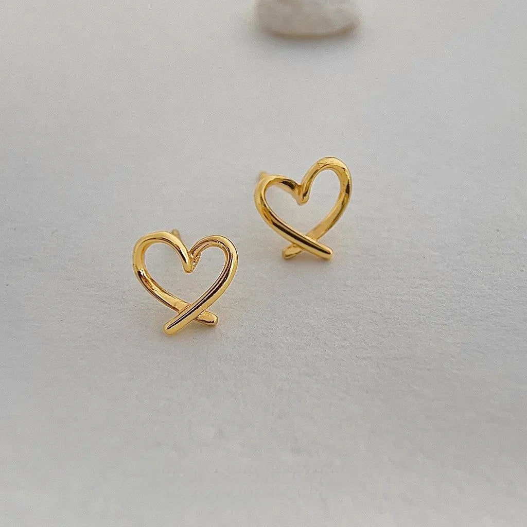 18K Gold Plated Copper Hollow Heart Stud Earrings Minimalist Geometric Line Jewelry