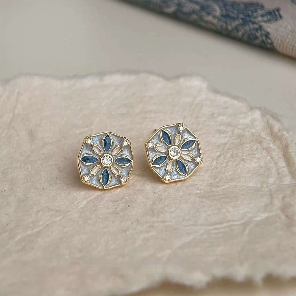 Vintage Chinese Style Enamel Geometric Stud Earrings Copper For Women