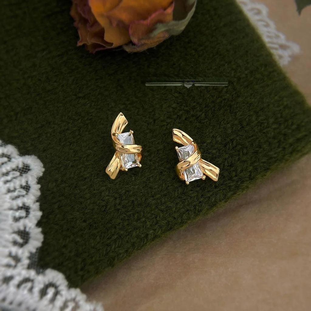 14K Plated Copper Micro Pave Zircon Ribbon Geometric Stud Earrings