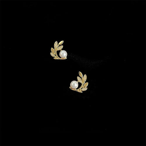 14K Gold Plated Copper Zircon Pearl Wheat Leaf Stud Earrings Simple Geometric Jewelry