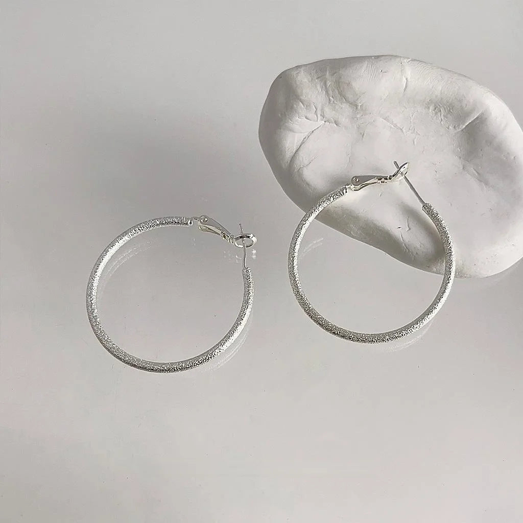 Silver Sand Finish Copper Hoop Drop Earrings, Minimalist Geometric Fashion Jewelry