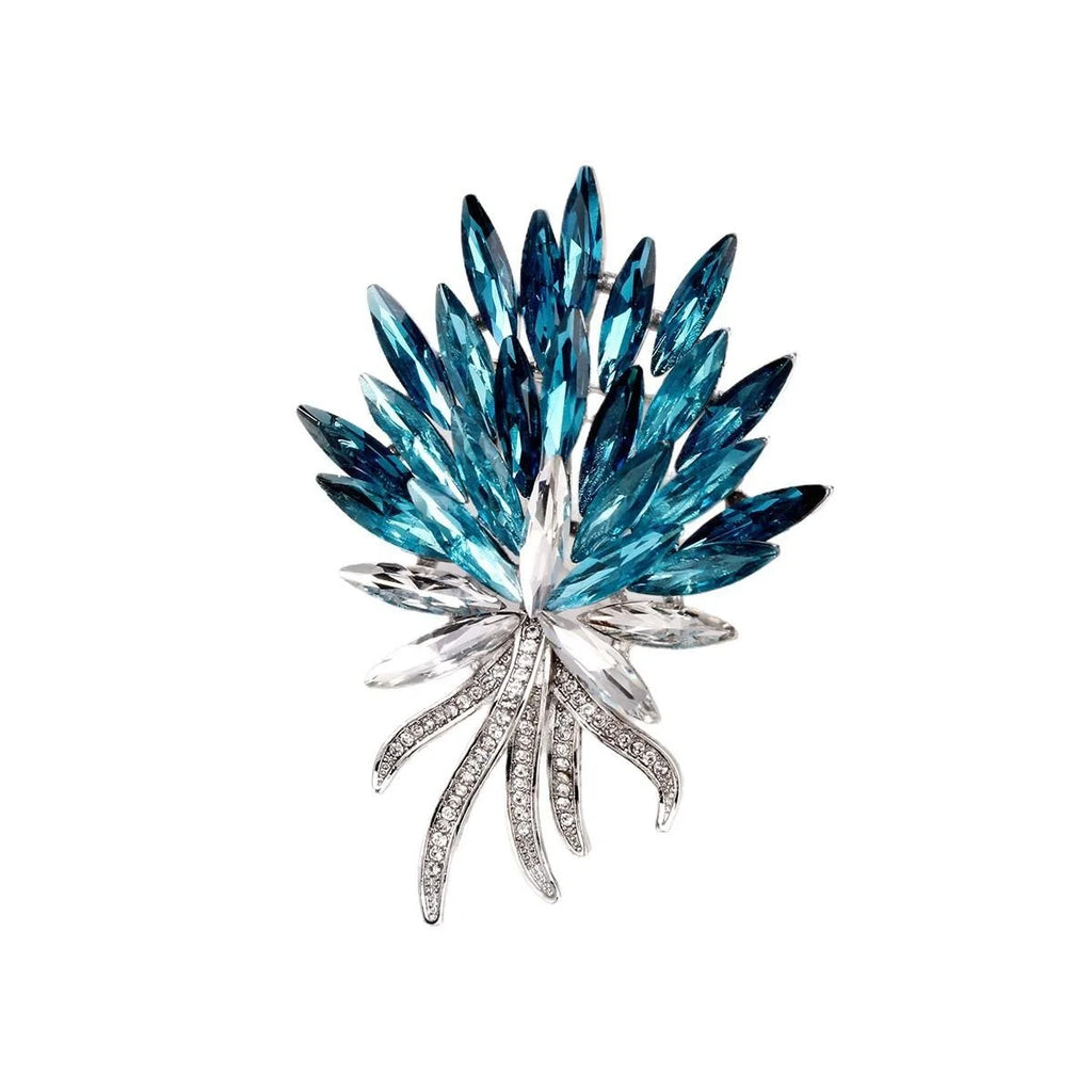 Luxury Blue Crystal Flower Bouquet Brooch With Rhinestone Stems, Elegant Corsage Lapel Pin Suit Accessory
