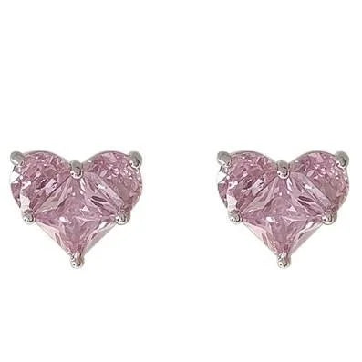Minimalist Heart Geometric Pink Zircon Copper Stud Earrings For Women