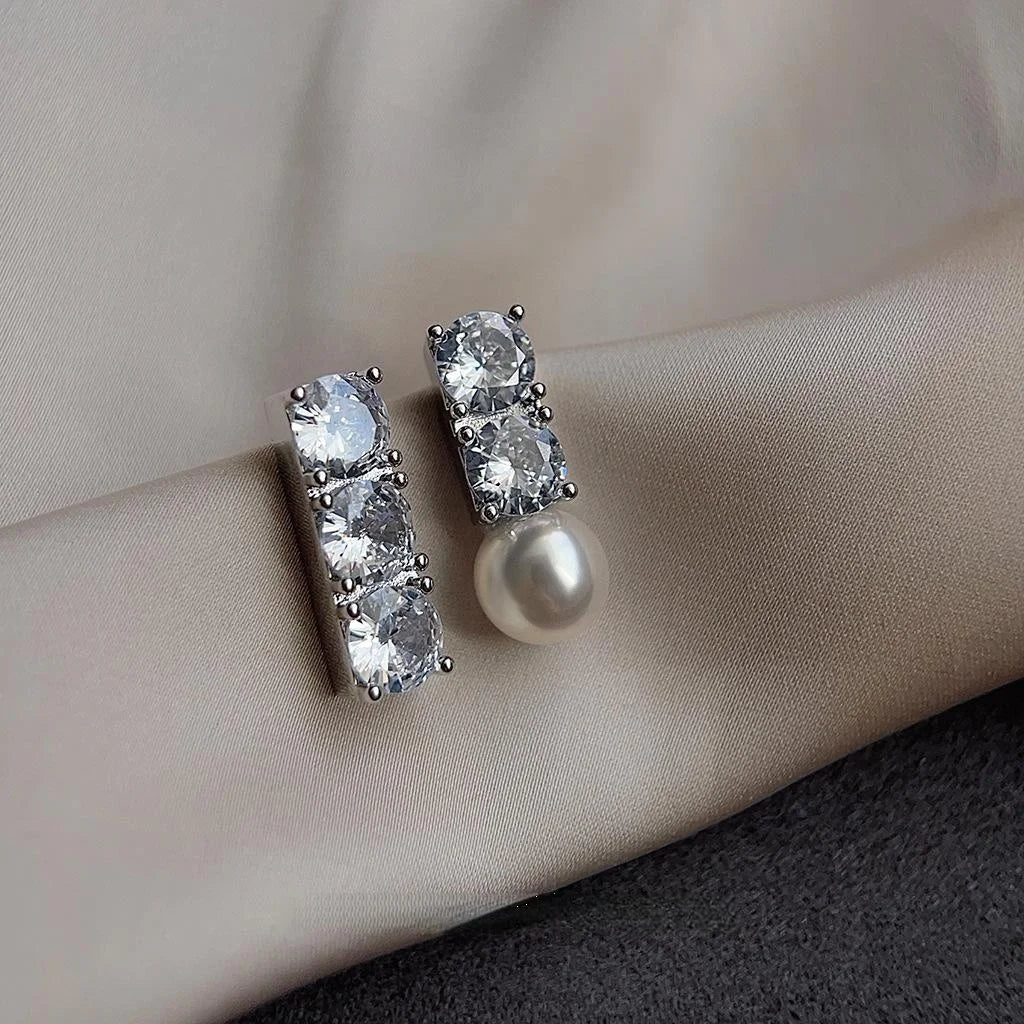 Geometric Asymmetric Glass Pearl Stud Earrings Copper Micro Pave Zircon Minimalist Office Jewelry