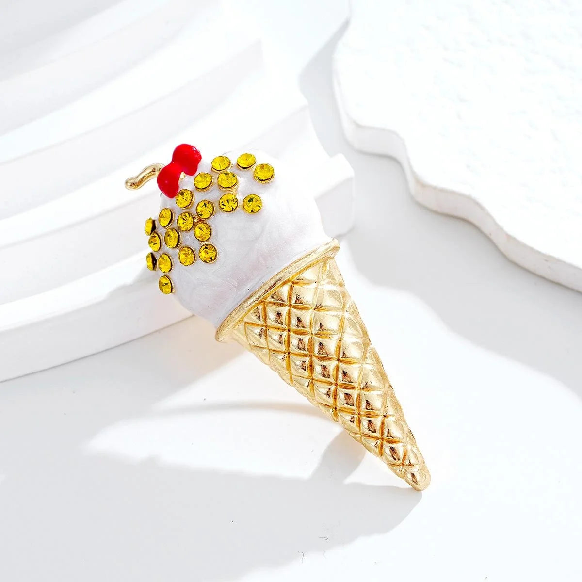 Cute Rhinestone Enamel Ice Cream Cone Brooch With Cherry, Gold Alloy Lapel Pin Corsage Gift
