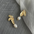 Asymmetric Freshwater Pearl Copper Leaf Drop Earrings Handmade Light Luxury Fashion Jewelry