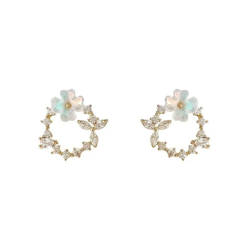 Sweet Floral Micro Pave Zircon Copper Stud Earrings, Colorful Flower Wreath Design