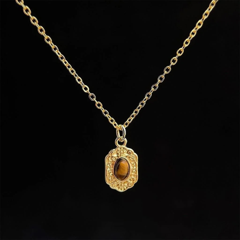 18K Gold Plated Copper Tiger Eye Natural Stone Vintage Collarbone Necklace For Women