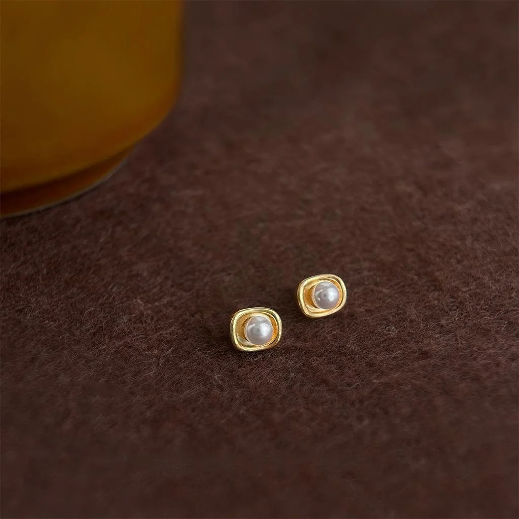Mini 14K Gold Plated Copper Pearl Geometric Ingot Stud Earrings For Women Simple Commuter Jewelry