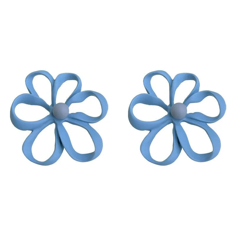 Haze Blue Enamel Hollow Flower Stud Earrings Elegant Casual Autumn Winter Jewelry