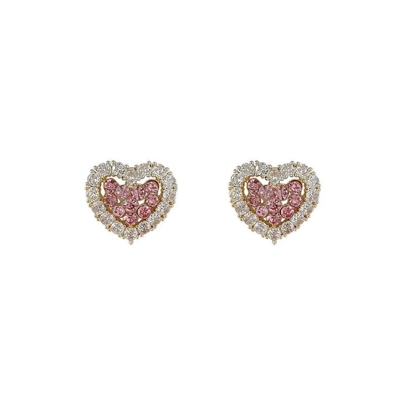 Elegant Pink Heart Zircon Copper 14K Plated Micro Pave Stud Earrings
