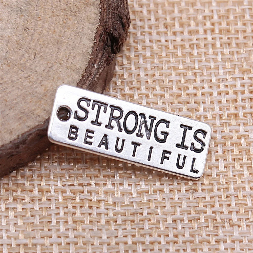10x27mm 1.8g Zinc Alloy strong is beautiful Word Tag Letter Charm Pendant for DIY Inspirational Jewelry