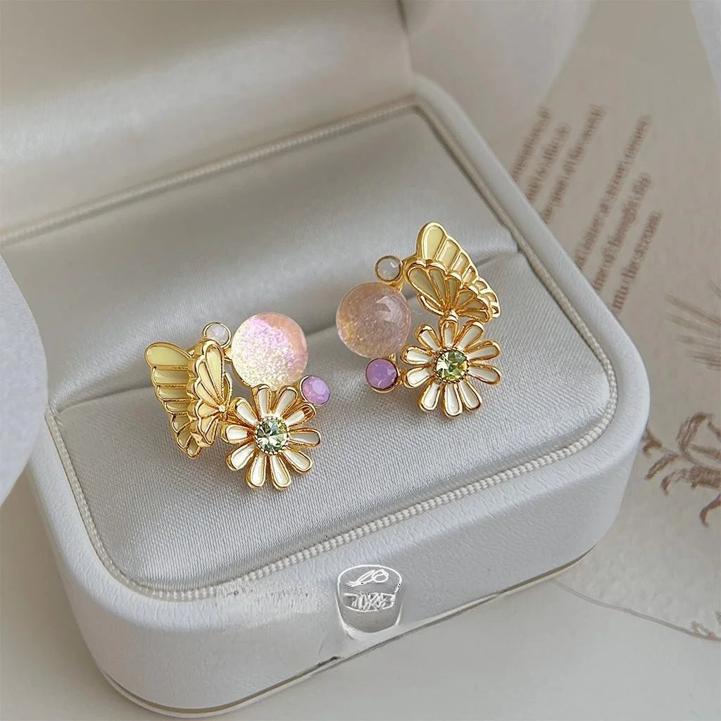 Sweet Forest Style Butterfly Flower Stud Earrings, Eco-Friendly Copper Hand Painted Enamel Jewelry