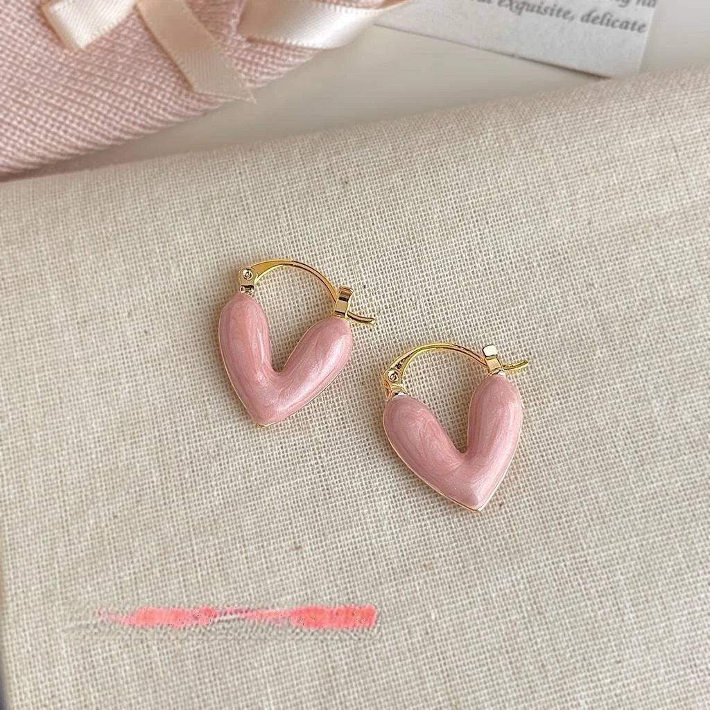 Sweet Pink Enamel Heart Copper Stud Earrings Double Sided Minimalist Fashion Jewelry