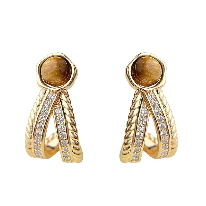 French Vintage Old Money Geometric Tiger Eye Zircon C Shape Eco Copper Drop Earrings