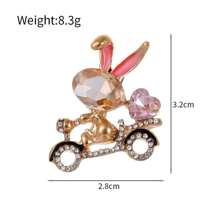 Cute Rhinestone Enamel Rabbit Riding Bicycle Heart Brooch, Luxury Alloy Lapel Pin Corsage Gift