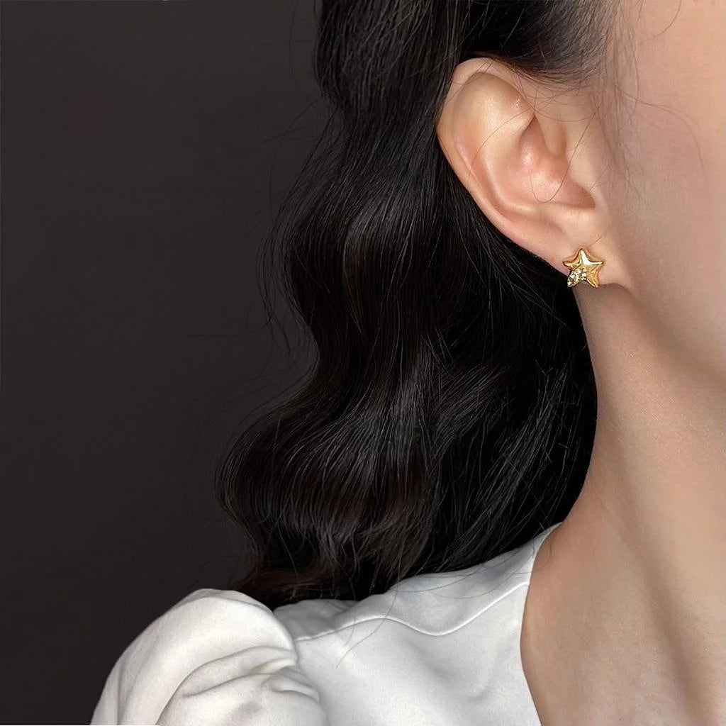 Broken Texture Micro Pave Zircon Star Stud Earrings Copper Minimalist Luxury