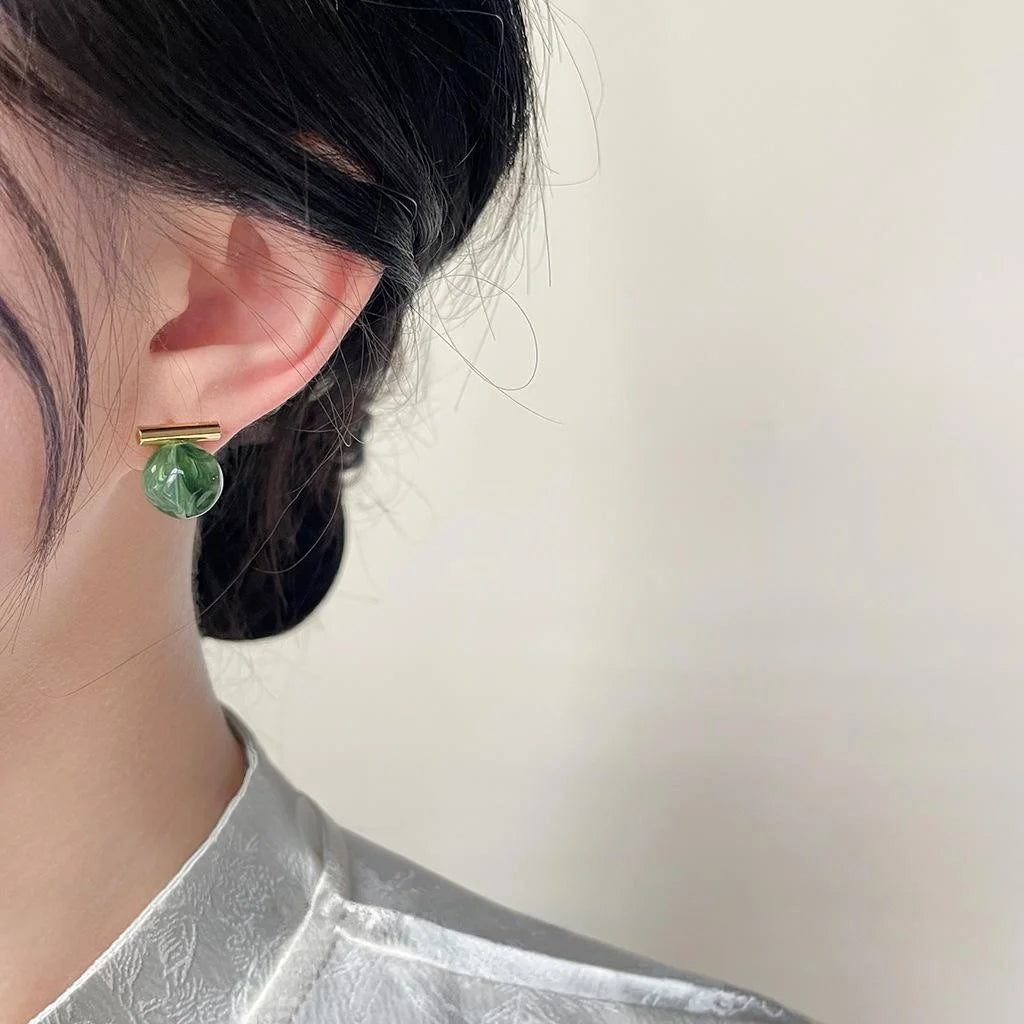 New Chinese Green Gradient Resin Sphere Drop Earrings Vintage Forest Style Geometric Designer Jewelry