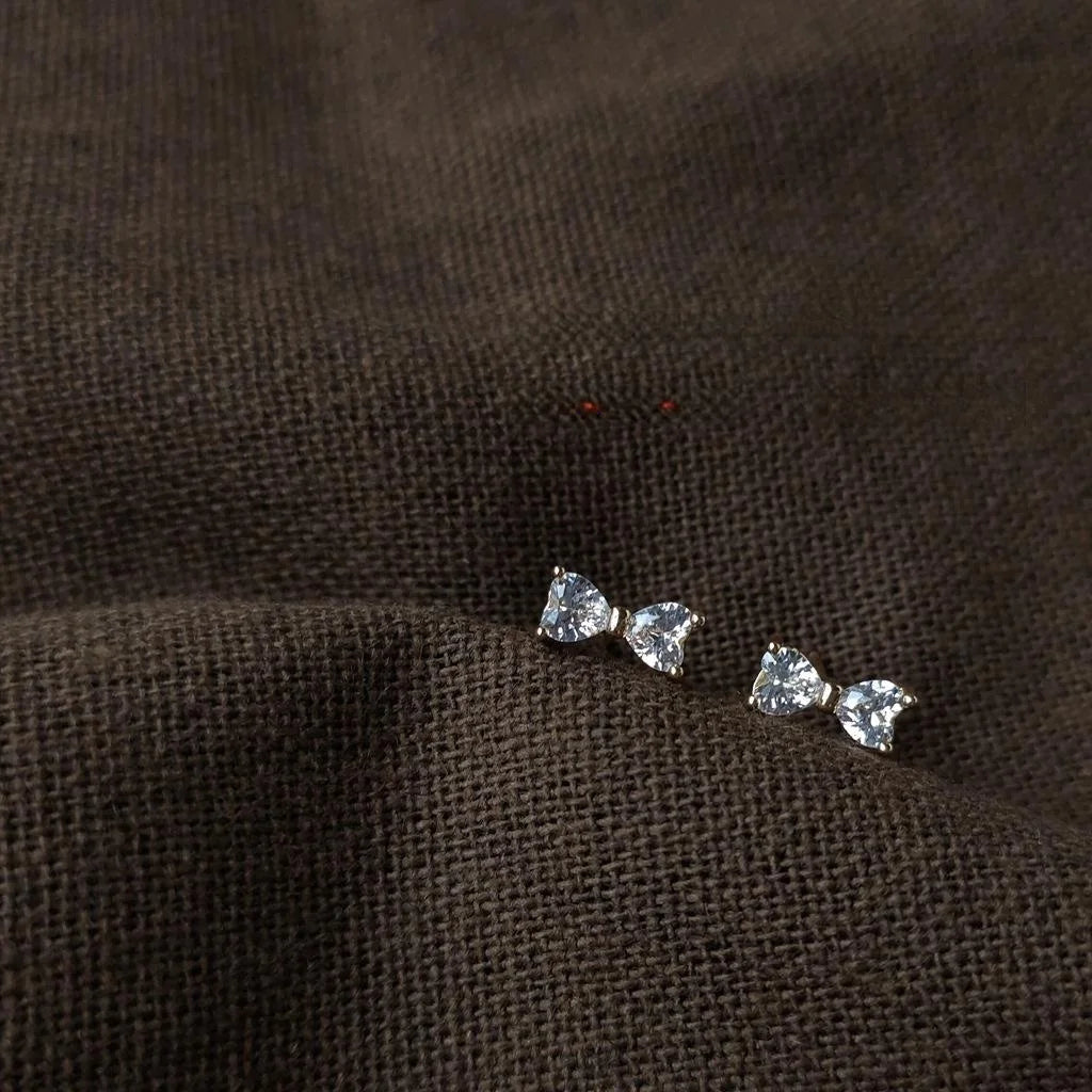 Cute 14K Plated Copper Micro Pave Zircon Bow Stud Earrings Korean Japanese Style