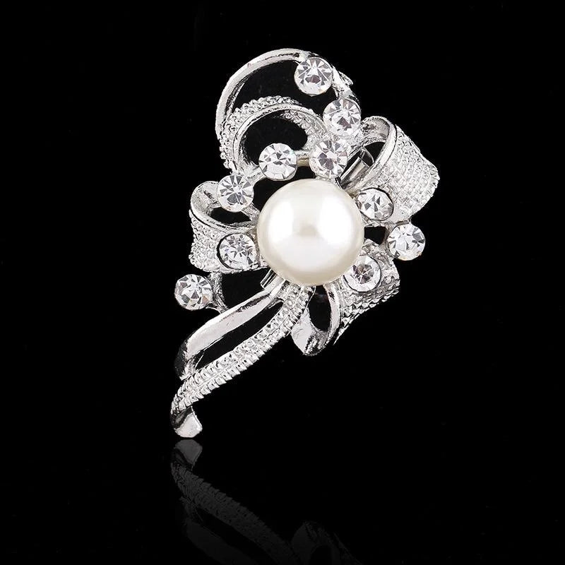 Elegant Rhinestone Pearl Bow Brooch Silver Alloy Ribbon Corsage Lapel Pin For Women's Suit Accessory