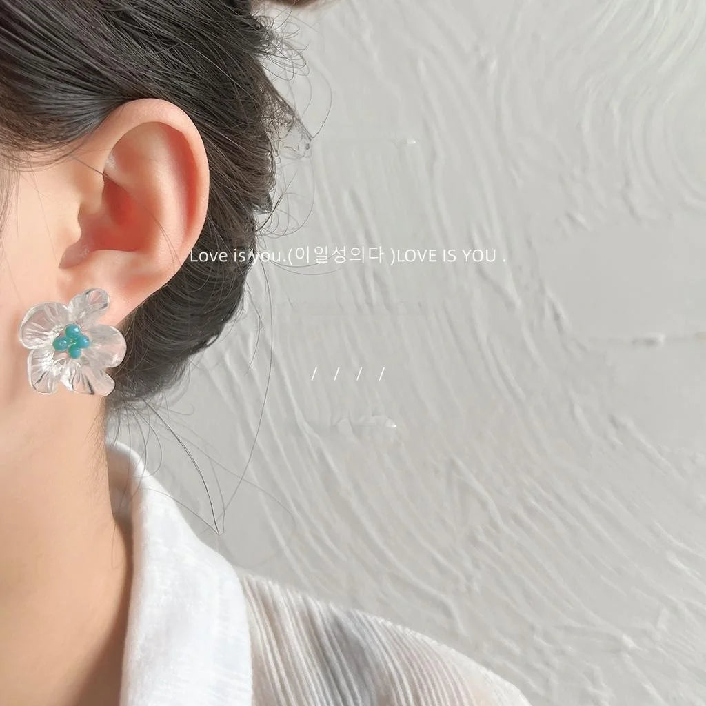 Forest Fresh Transparent Acrylic Flower Silver Plated Pin Handmade Stud Earrings