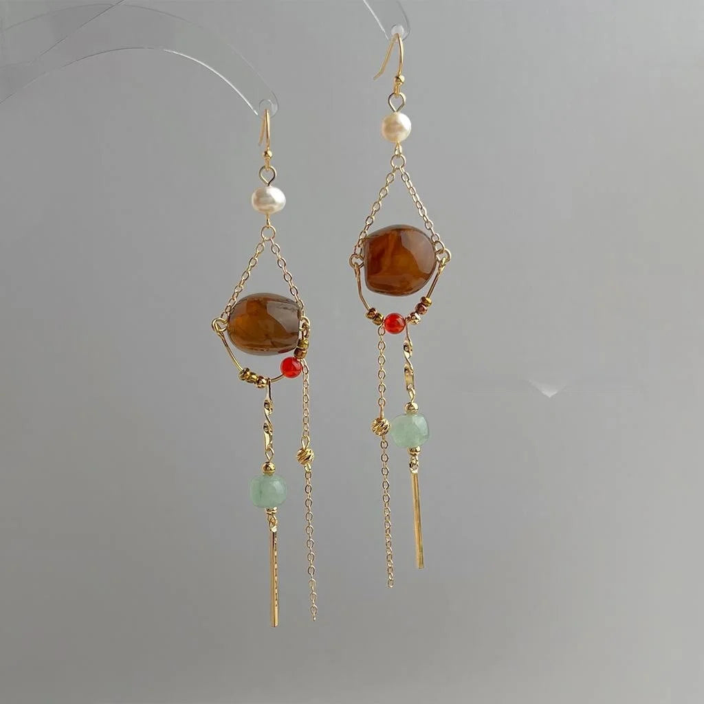 Maillard Style Copper Red Agate Aventurine Geometric Tassel Drop Earrings For Women