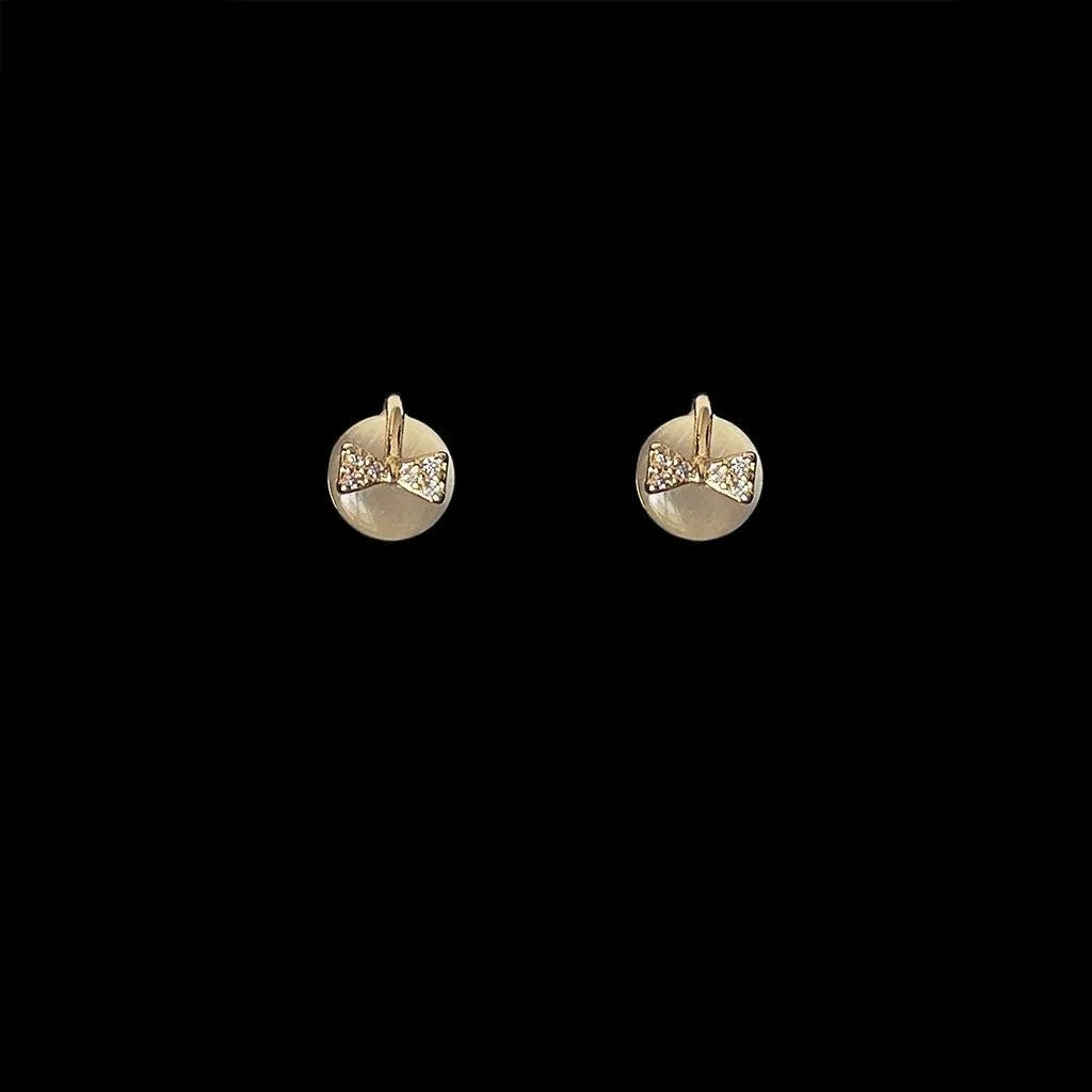 French Style Copper Glass Cat Eye Bow Stud Earrings Mini Round Geometric Fashion Jewelry