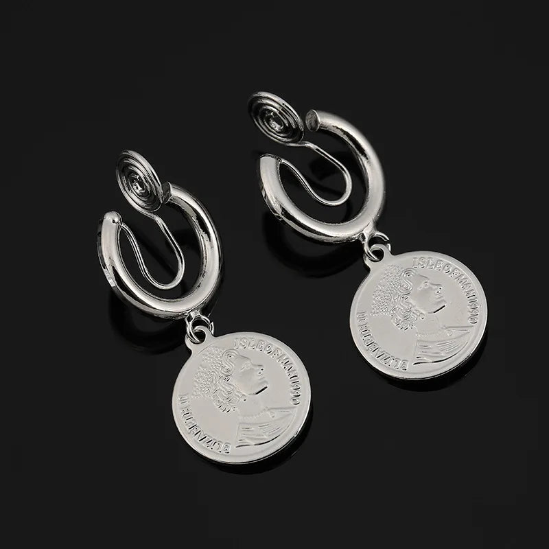 Vintage Silver Alloy Portrait Coin Spiral Hoop European Dangle Stud & Clip On No Piercing Earrings