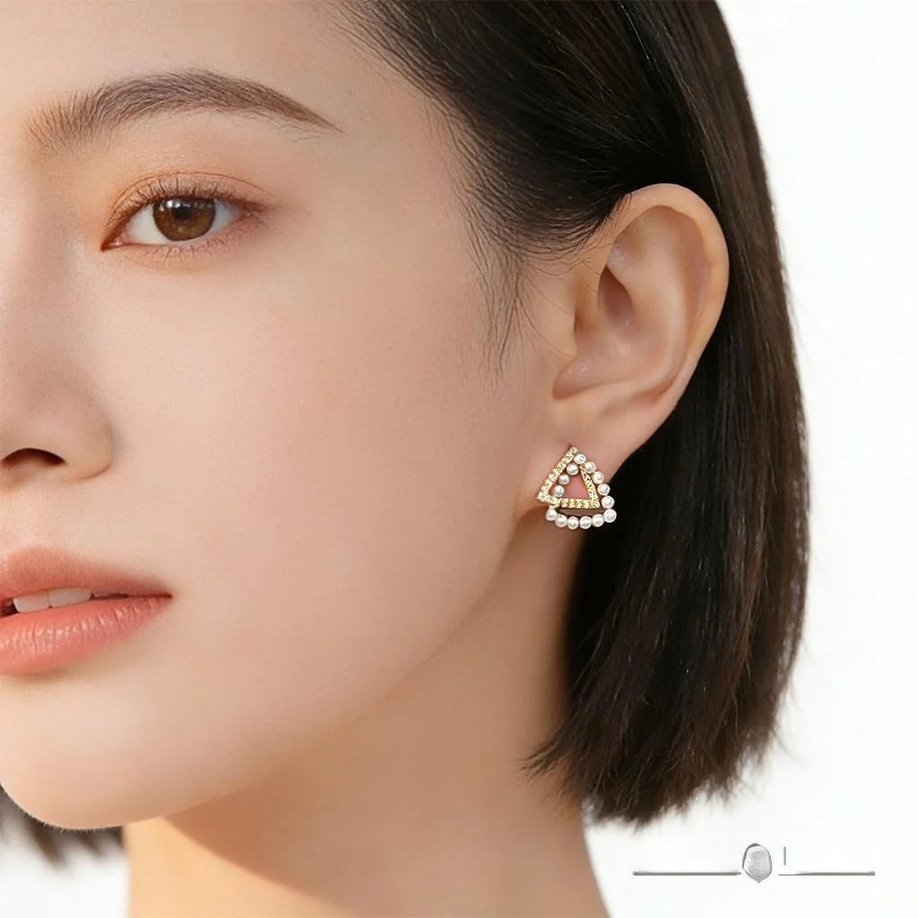 Geometric 3D Micro Pave Zircon Triangle Pearl Stud Earrings Copper