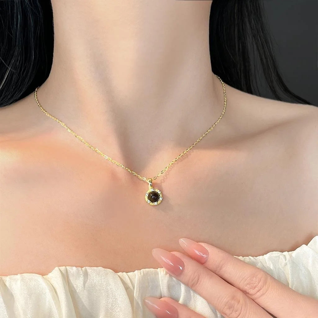 18K Gold Plated Copper Tiger Eye Natural Stone Zircon Round Geometric Vintage Necklace